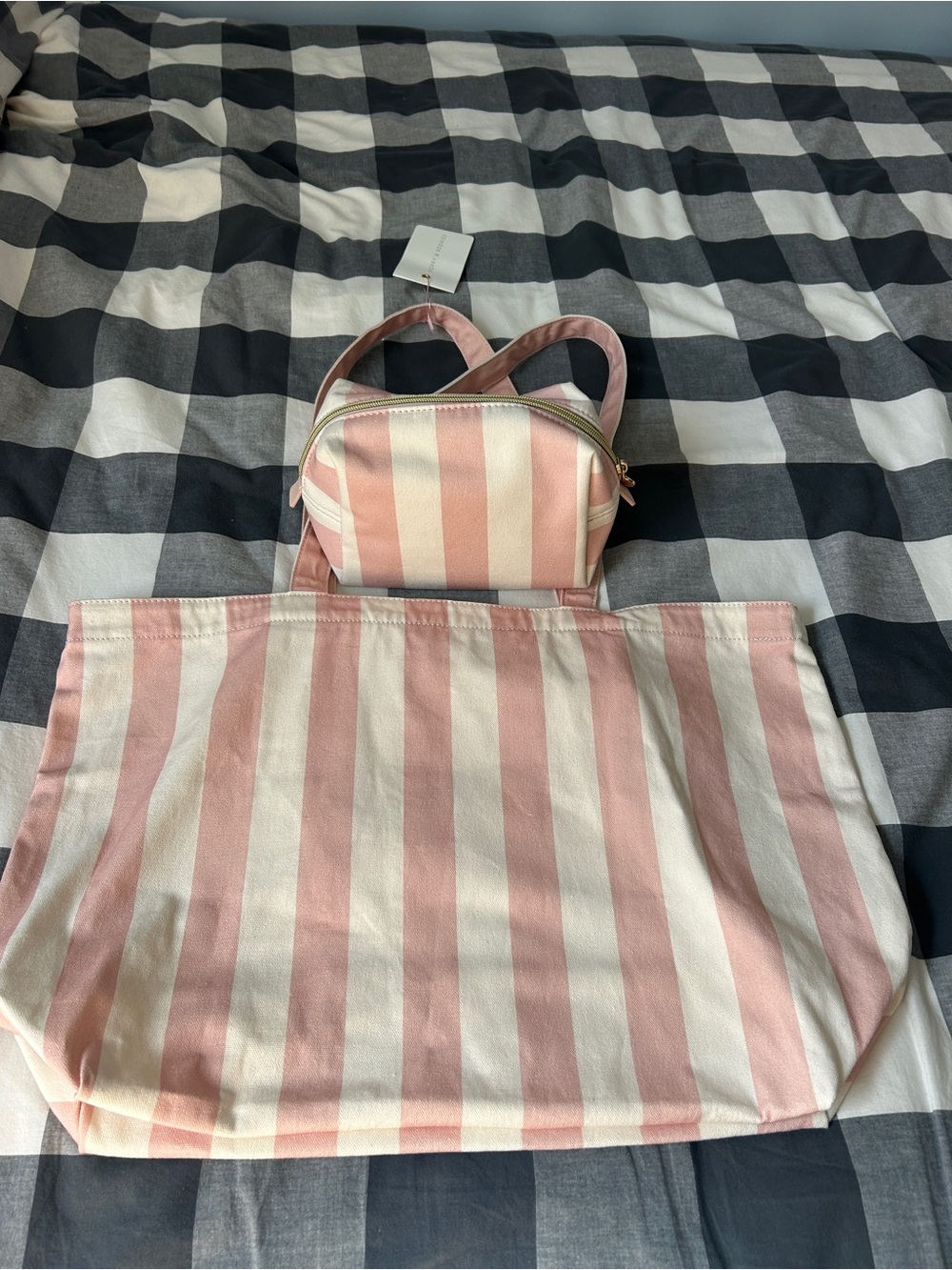 Poppy & Peonies Pink Stripe Canvas Tote Bag and matching cosmetic pouch - Picture 8 of 10